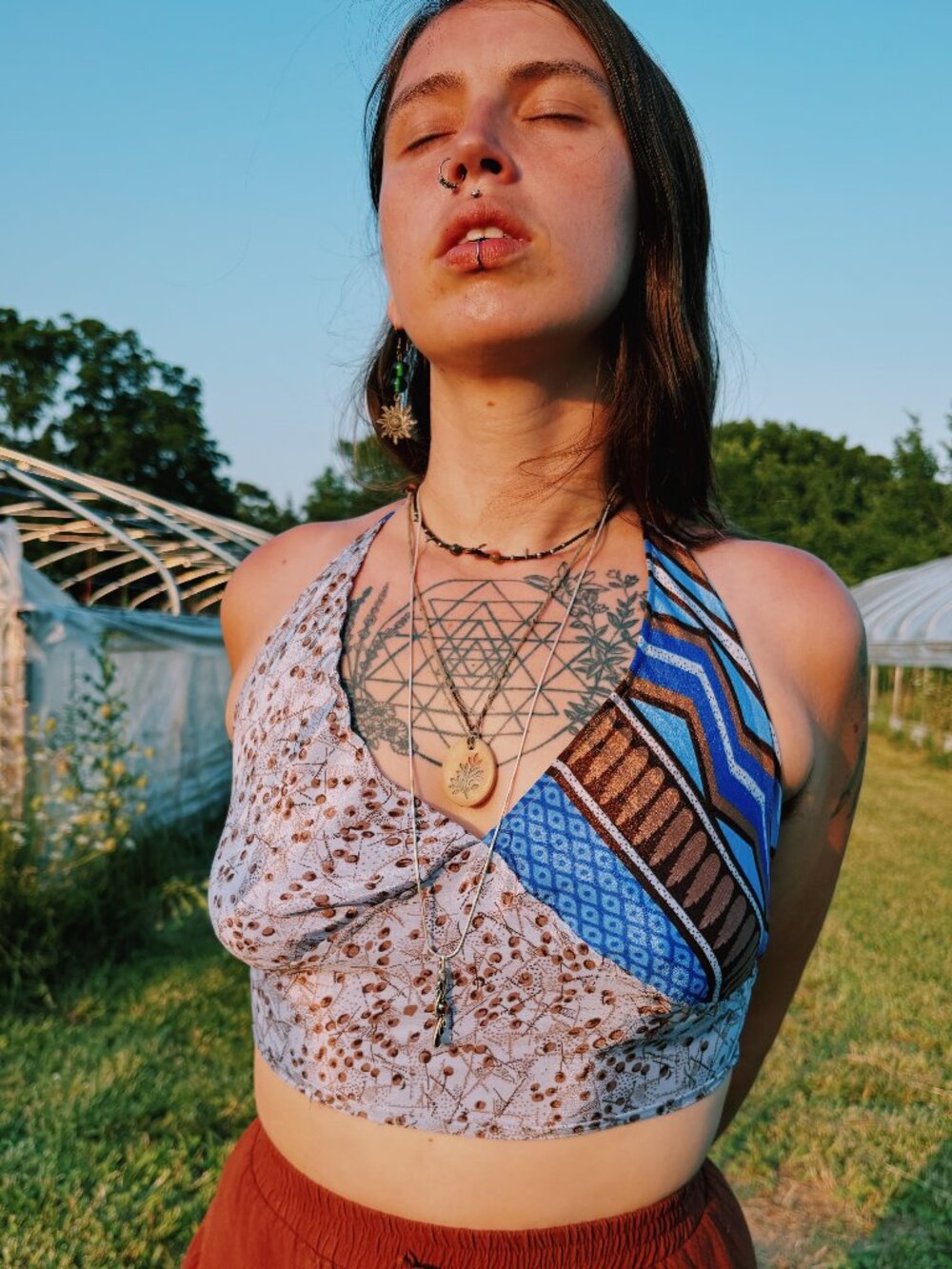 BOHO HINDI SILK BLEND COLORFUL BLUE BROWN UPCYCLED HANDMADE SARI SCARF CROP TOP